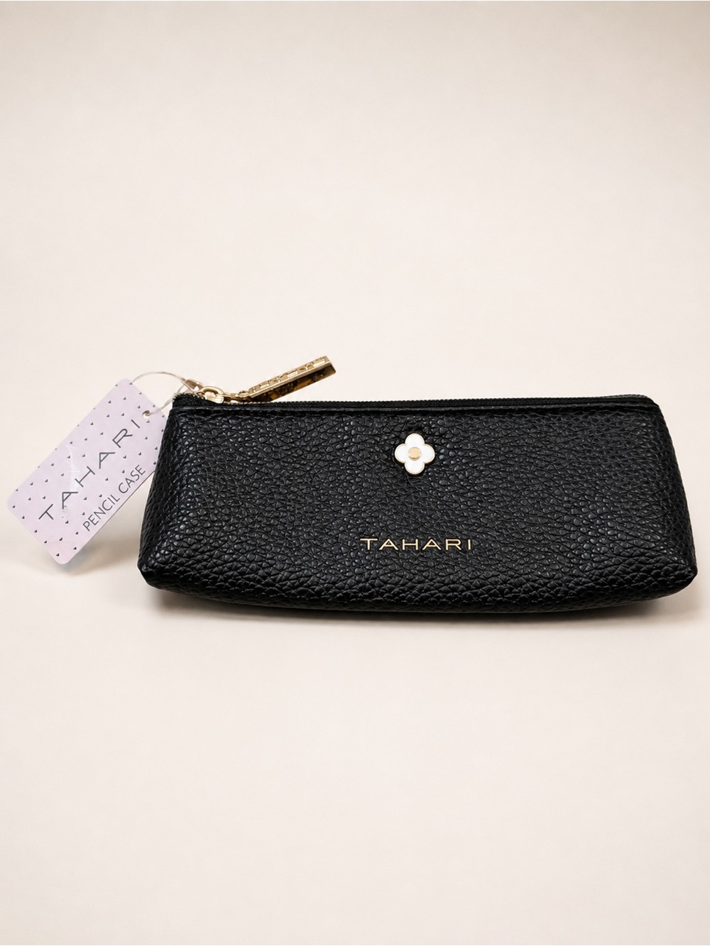 Tahari Black Pebbled Pencil Case Gold Tone Floral Accent NWT